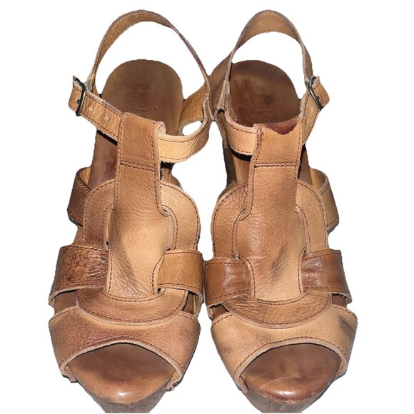 Bed Stu Melissa Sandals Tan Leather Cobbler Series Wood Heel Platform Women's 10 - Picture 1 of 15